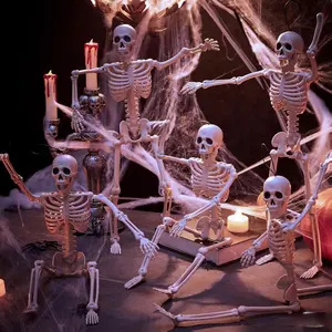 5 PCS Posable Halloween Skeleton Decor 16 Inches, Full Body Posable Joints Hanging Skeletons for Halloween Decorations, Graveyard Props, Haunted House Accessories, Spooky Scene Party Favors