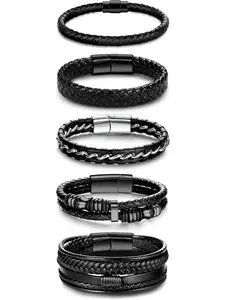 5 Pcs Black Leather Bracelets for Men Women Braided Leather Mens Bracelet Stainless Steel Clasp Wristband Cuff Bangles Bracelets Set 7.5-8.5 inches Casual Trendy Jewelry Stackable Bracelets