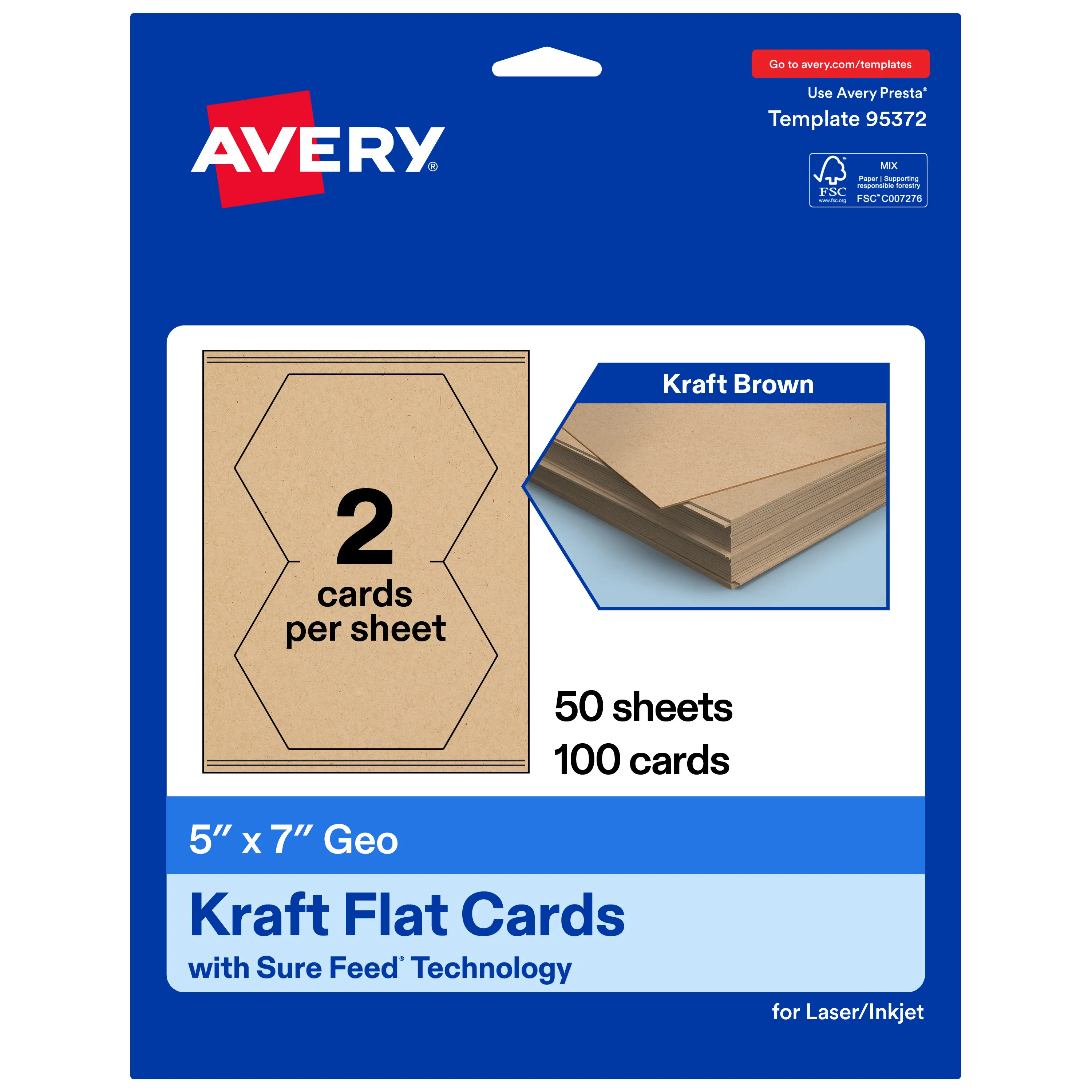 Avery Printable Geo Flat Cards, Sure Feed Technology, 5" x 7", Matte Kraft Brown Cardstock, Laser/Inkjet Printable, 20 Total, Great for Product Branding, Marketing, and More