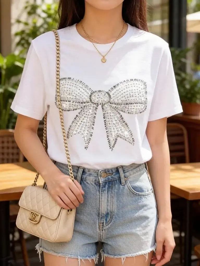 Women's Rhinestone Bow Graphic Cotton T-Shirt, Y2K Sparkly Bow Print Oversized Streetwear, Short Sleeve Elastic Casual Summer Top, Trendy Coquette Aesthetic Fit for Women summerwins,summerwins