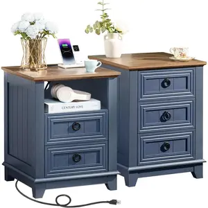 【Limited time deal】BM-CZW 18" Farmhouse Night Stands Set of 2 with Charging Station, 2 & 3 Drawers End Table Dresser for Bedroom, Blue Wooden Nightstand, Bed Side Table with Open Shelf, Bedside Cabinet for Living Room