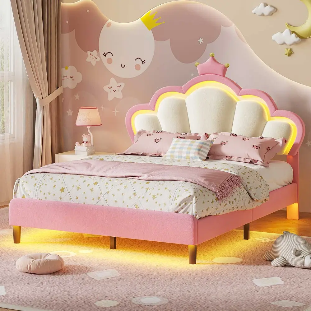 [SummerSale] Sikaic Pink Princess Crown Bed Frame with LED Lights, Velvet Upholstered Platform Bed for Girls, Adjustable Headboard, No Box Spring Needed, Modern Bedroom Furniture for Teen Girls, Home Furniture, Dorm Essentials