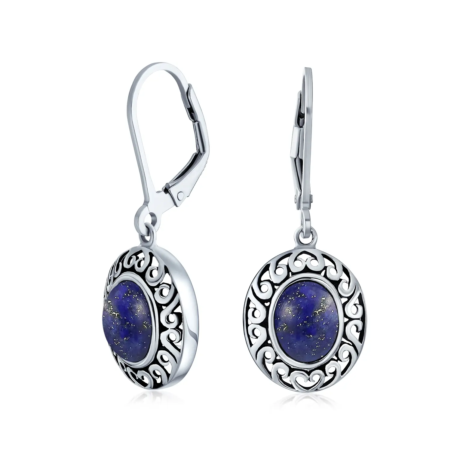Bali Style Gemstones Oval Bezel Set Dangle Earrings .925 Sterling Silver