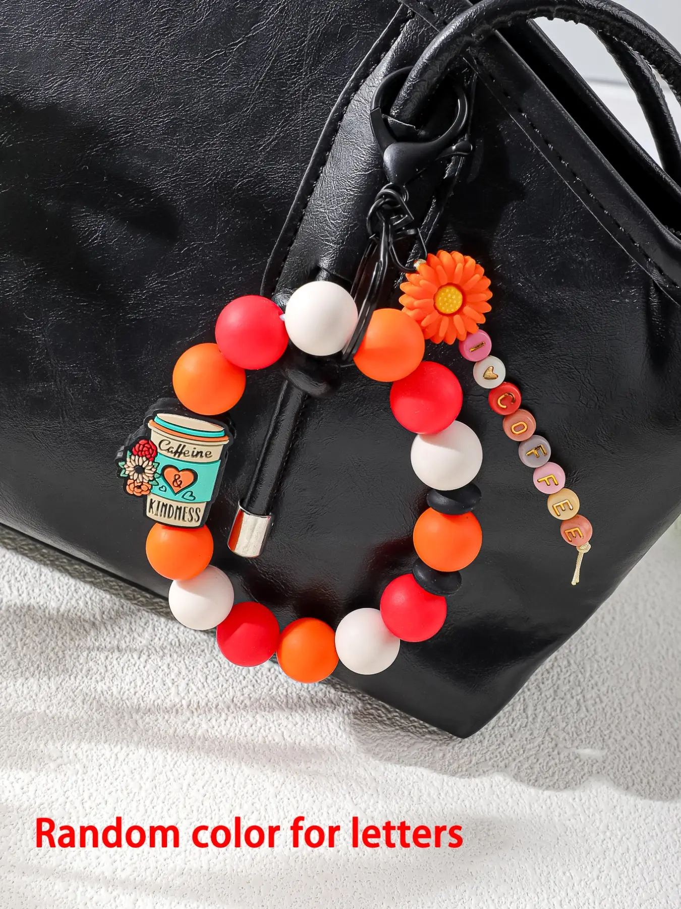 Silicone Beaded Wristlet Keychain, Coffee Cup Rubber Charm, Letter Bead Key Ring, Boho Bag Charm, Women Bracelet Key Holder, Daisy & Heart Pendant, Custom Alphabet Beads, Purse Accessory Gift