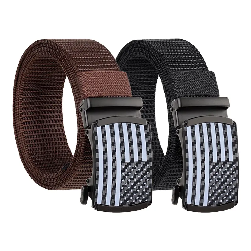 Men's Sturdy Breathable Heavy-Duty Nylon Webbing Ratchet Belt with Braid Detail - Automatic Buckle, Adjustable Fit, Fishing Belts for Jeans, Work, Camping