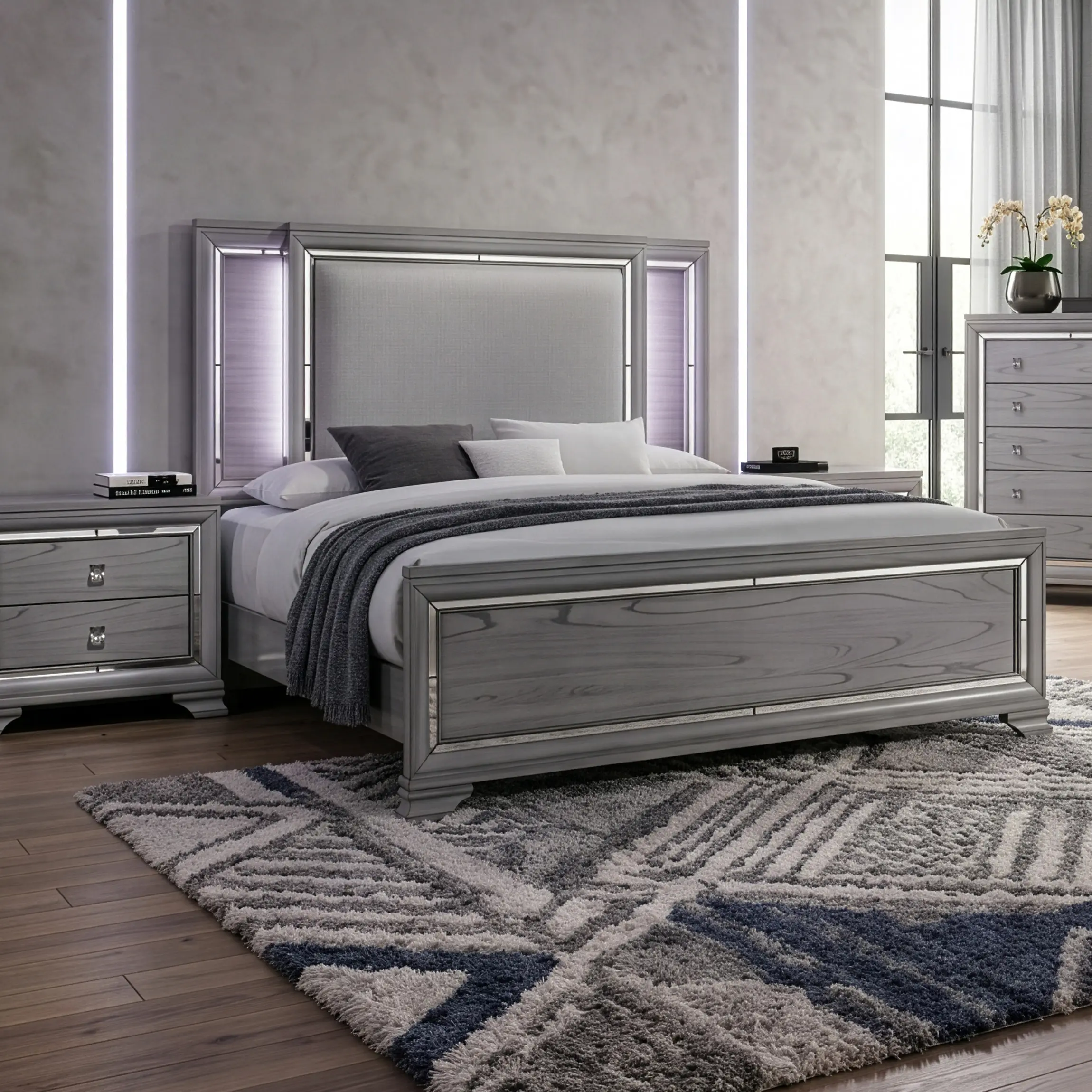 Alano Contemporary Queen Bed with LED Headboard & Mirror Trim By FOA