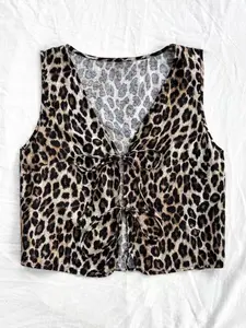 New Style Slim Fit V-Neck Leopard Print Tank Top, Sleeveless Tie Front Sexy Blouse, Women's Fashion Casual Wear Aesthetic Womenswear