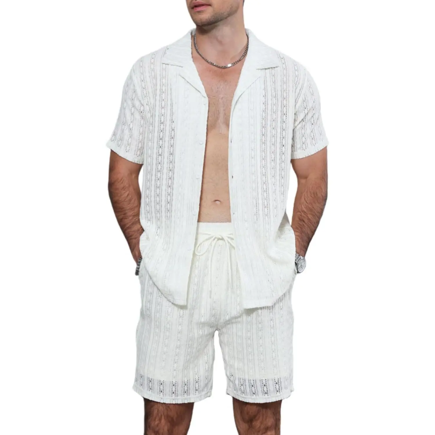 Men's Tropical 2 Piece Outfit, Soft Hollow Out Lace Shirt and Shorts Set with Elastic Waist for Beach & Island Wear, Menswear, Shortsleeve, Simple, Casual, Fabric, Stylish, Two-Piece, See-Through