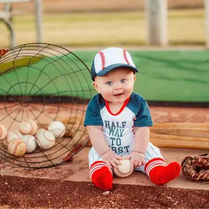 Boys Half Birthday Half Way To First 6 Months Halfway To One Birthday Personalized Baseball Cake Smash Outfit Bodysuit Set 1/2 Way To One