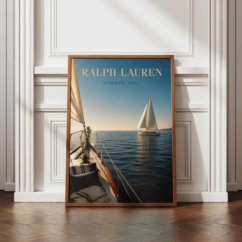 Coastal Sailing Poster, Luxury Yacht Wall Art, Old Money Nautical Print, Navy Blue Decor, Unframed