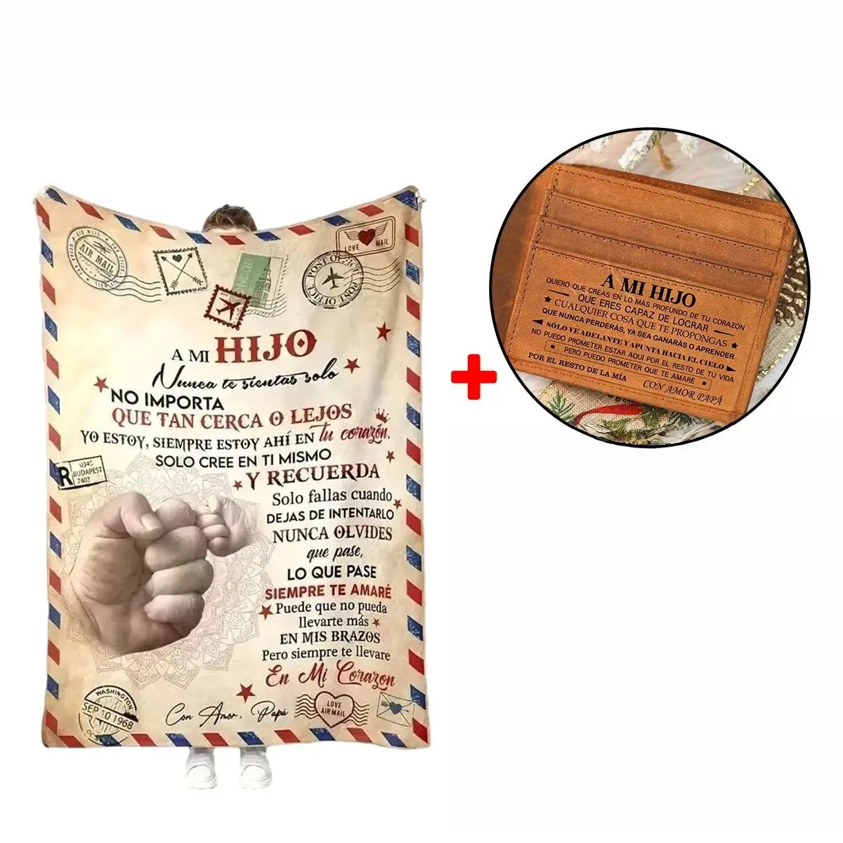 Graduation gift from Mom and Dad to their son: a 60×80-inch flannel blanket printed with an inspirational quote and a leather wallet—essentials for back-to-school. A birthday gift for a boy. A decorative blanket for a son’s graduation party.