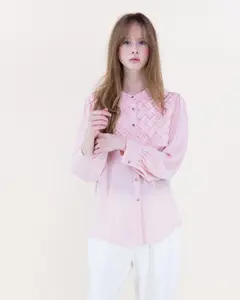 Women’s Atelier Lattice Yoke Button-Up Women’s Blouse – Elegant Textured Panel Collared Shirt