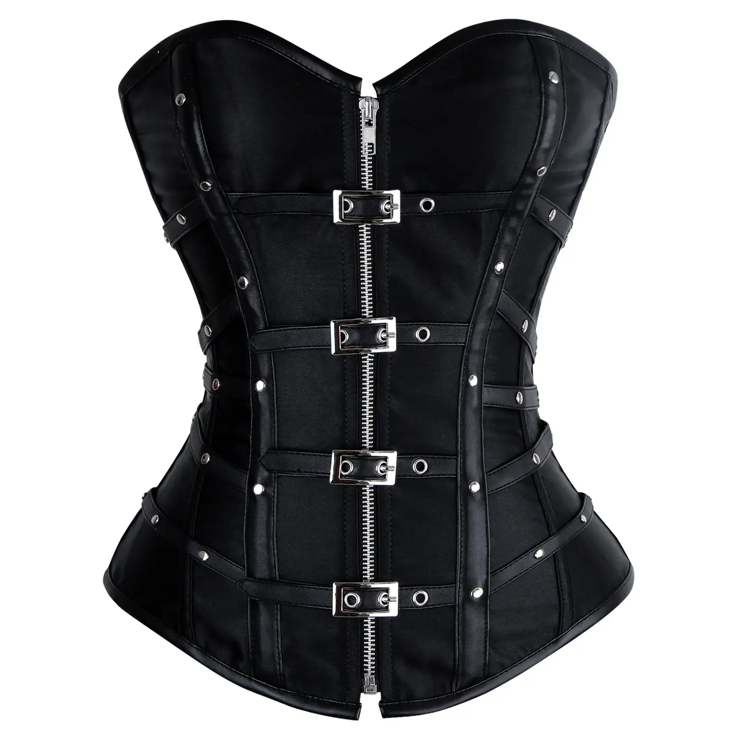 Charmian Women's Steampunk Gothic Corset Top, Boned Satin Overbust Shapewear with Metallic Buckles, Zipper Front, and Drawstring Back for Fantasy Costume, Corset Tops, Black Corsets Halloween