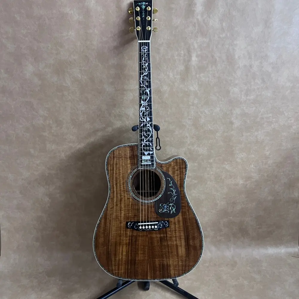 D45 All Koa Acoustic Guitar, Ebony Fingerboard, Dark Brown, Luxurious Small Vase Design, Ideal for Country, Blue, Jazz