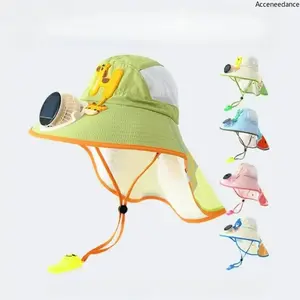 Kids Solar Fan Sun Hat With Whistle, UV Protection Wide Brim Fisherman Hat, Breathable Shawl Hat For Outdoor Play