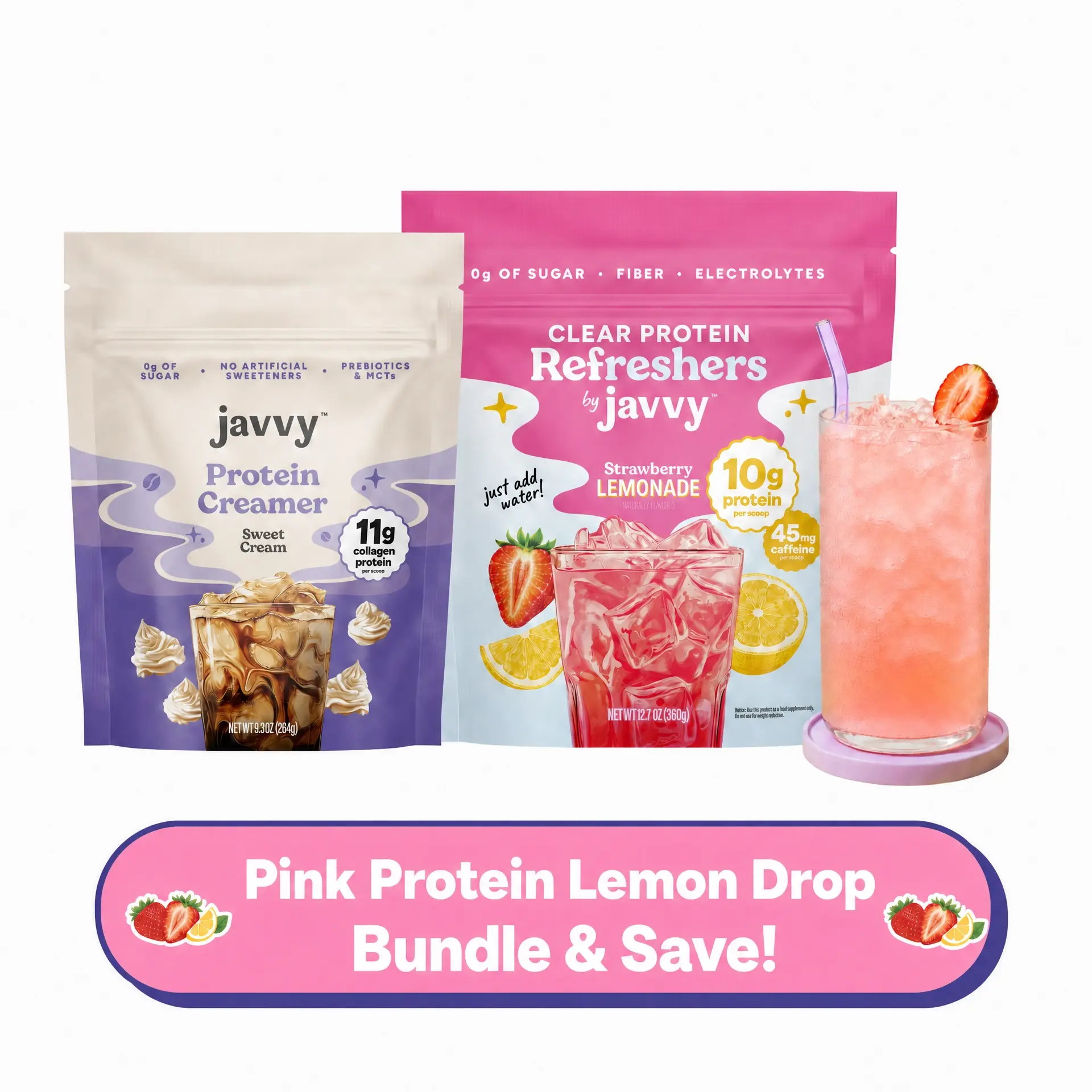 Javvy Pink Protein Lemon Drop Bundle TikTok Exclusive - Sweet Cream Collagen Coffee Creamer + Strawberry Lemonade Refresher Clear Whey Protein Drink Mix, No Added Sugar, Keto & Lactose Free, 20 Servings Each