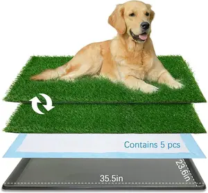 Dog Grass pad with Tray,35.5” x 23.6” Indoor Dog Potty System 2 Pics Replacement Grass Mats-5 Pics Disposable Puppy Pads,for Puppy Training Apartment,Balcony and Apartment Use