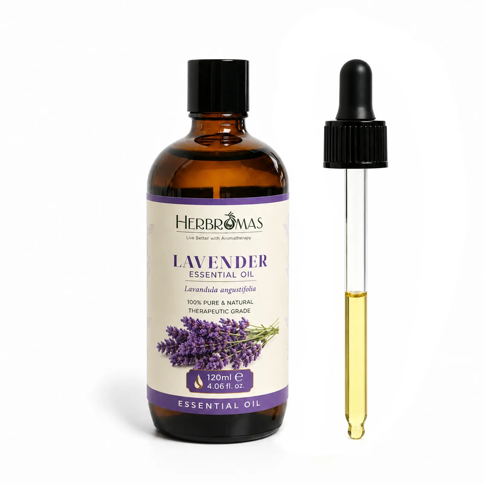 HERBROMAS Pure Lavender Essential Oil 120ml (4.06 fl oz) - Nature, Vegan, Relaxing Skin & Hair Solution for Diffuser, Aromatherapy, High-Quality Dry Skin Care & DIY Projects, Single Bottle