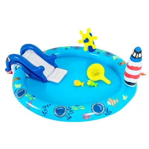 74 " Inflatable Marine Spray Pool with Shark Slide & Lighthouse Sprinkler, Kids Water Play Center for Backyard