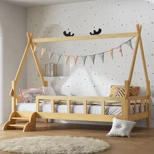 Soges Full Size Kids Bed Frame, Low Single Bed Frame for Children, Solid Pine Wood Toddler Bed with House Roof Design, Space-Saving Platform Bed for Bedroom