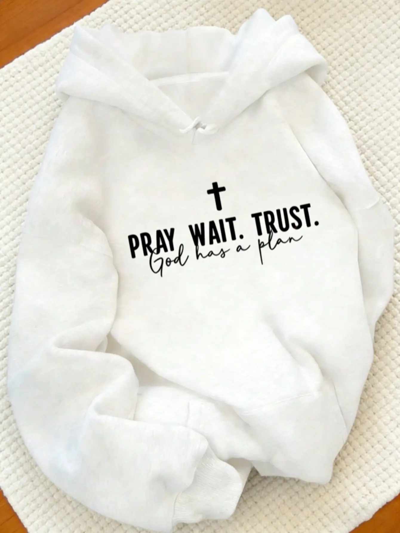 Pray Wait Trust God Has A Plan Hoodie, 270G Brushed Fleece Christian Cross Hooded Sweatshirt, White Religious Faith Pullover, Soft Warm Casual Streetwear For Men Women