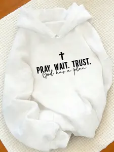 Pray Wait Trust God Has A Plan Hoodie, 270G Brushed Fleece Christian Cross Hooded Sweatshirt, White Religious Faith Pullover, Soft Warm Casual Streetwear For Men Women