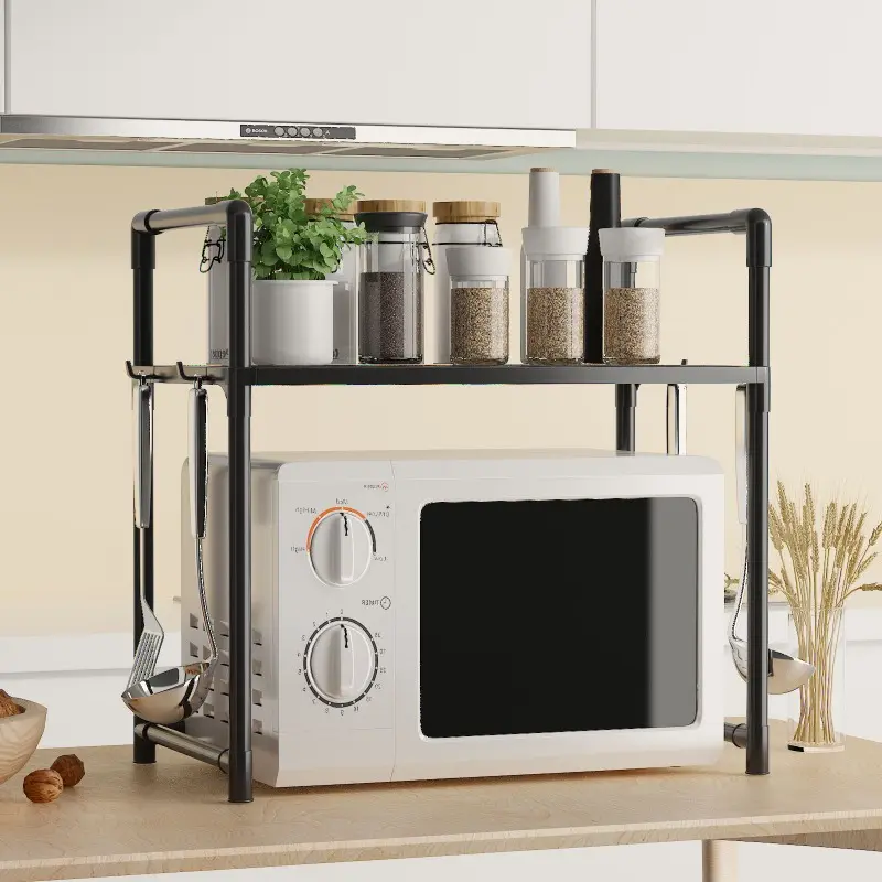 Kitchen Shelf with Handle & Hooks, Widened Thickened 2-Layer Microwave Stand, Oven Toaster Spice Organizing Rack