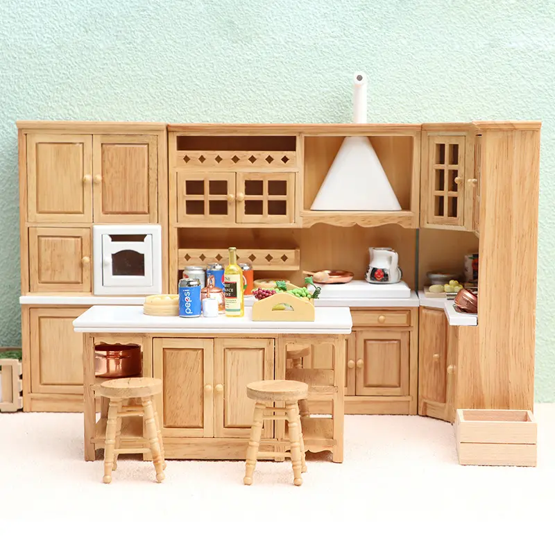 8pcs  European Vintage Island Kitchen Set in Natural Wood 1:12 Miniature Includes Sink Cabinet Stove Counter 4 Stools, Perfect Gift, Miniature Cooking Set, Play Kitchen