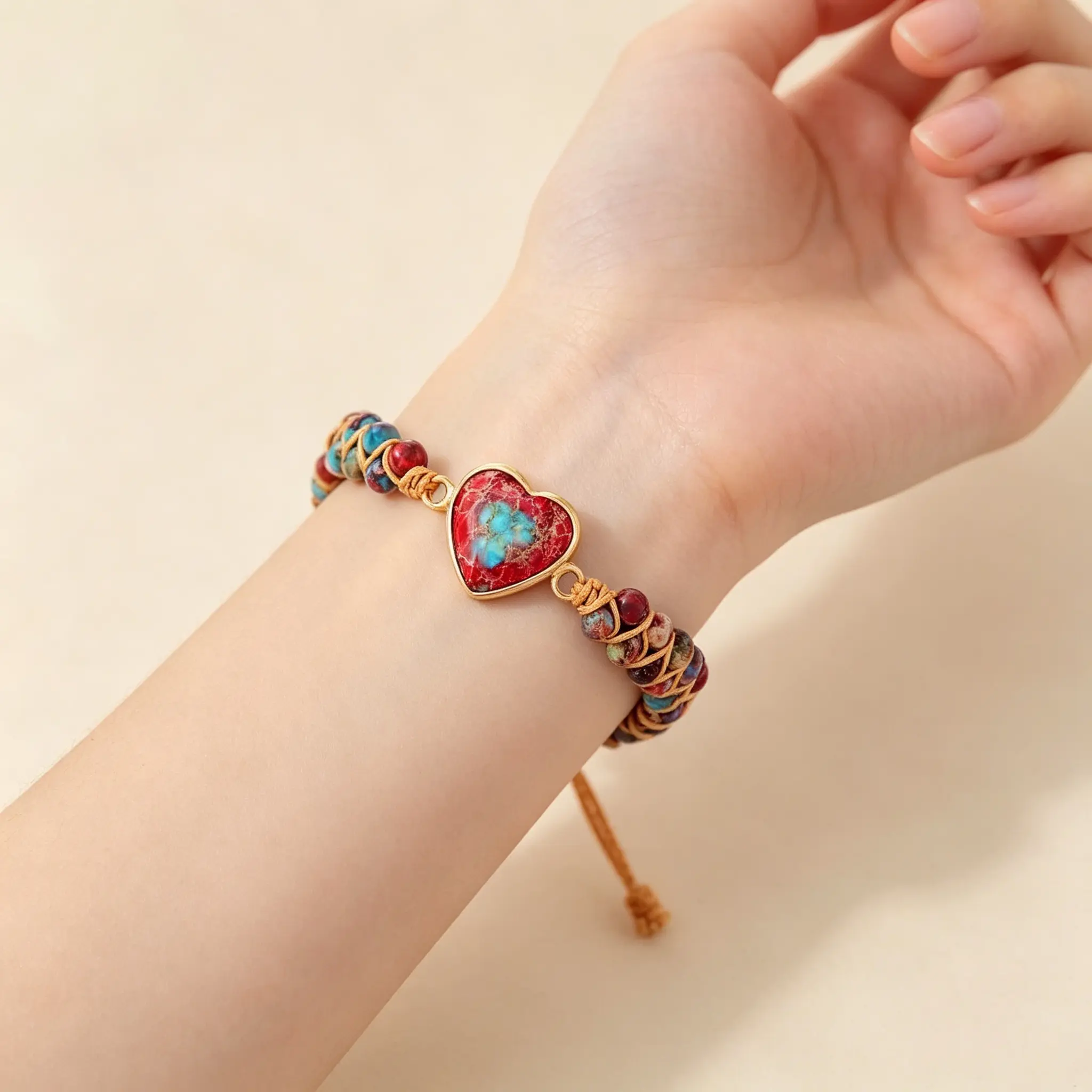 Women's Boho Imperial Jasper Heart Bracelet, Handcrafted Macrame Braided Leather Cord with Adjustable Tie, Fits 6.4-7.1 in, Braided Bracelet, Boho Stone Bracelet