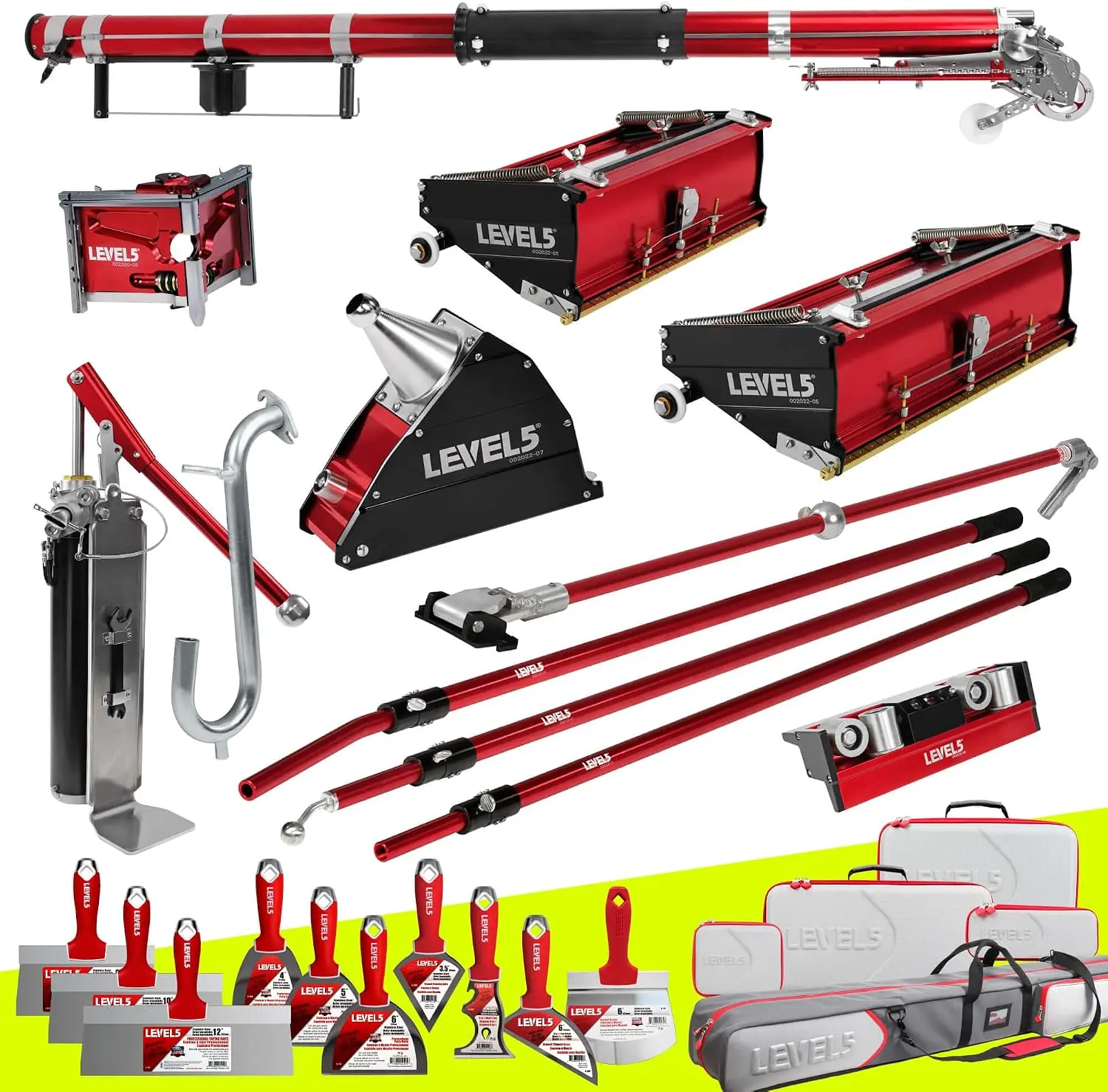 LEVEL5 4-600 Automatic Drywall Taping and Finishing Tool Set - Automatic Taper, 10"/12" Flat Boxes, 3" Angle Head, 7" Corner Applicator Box, Corner Roller, Standard Handles, Pump, Gooseneck