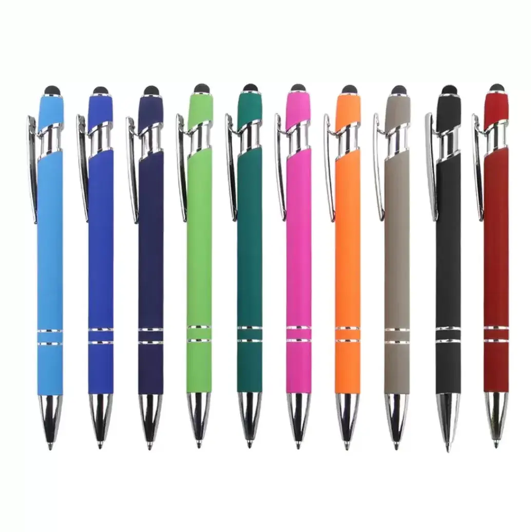 Customizable Blank/Laser Engraved Metal Ballpoint Stylus Pens (6-48 Pcs) - 0.7mm Silky Black Ink, Smooth Writing, Rubber Grip, 1.50in W x 0.275in H, Your Logo Option, Ideal for Office, School Use, 1.50" W X 0.275" H