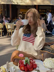 Women's Round Neck American Flag Star Letter Embroidered Cute Casual Loose Fit Fashion Style Pullover Sweater Top, Long Sleeve, All Seasons, Embroidery, Womenswear
