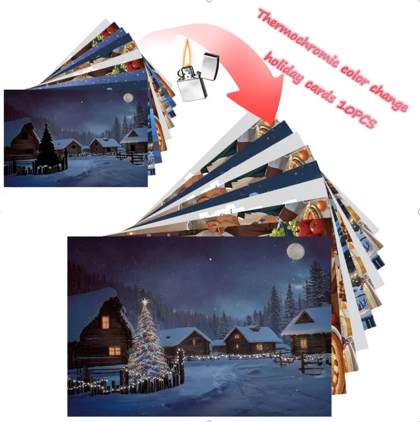 10PCS Temperature Color Changing Greeting Cards, 5-Designs Christmas & Thanksgiving Heat-Sensitive Cards Christmas Gifts Burning Christmas Tree Postcards Surprise Gifts with Festive Designs
