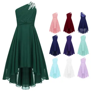 Kids Girls Chic Ruched Shiny Beaded Collarless Dress High Waist High-low Hem Irregular Length Party Dress for Evening Proms