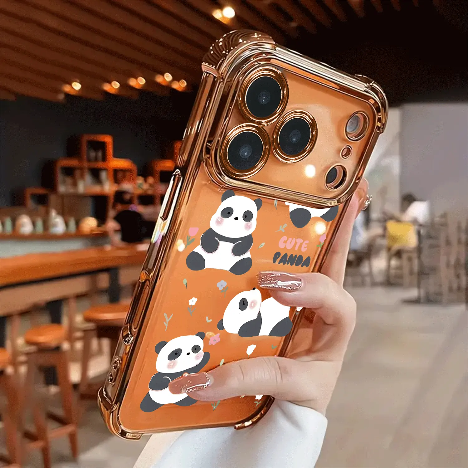 Electroplated Transparent TPU Airbag Shockproof Cellphone Casing - Cute Panda Pattern Soft Protection Cover for iPhone 17 Pro Max,16,15,14,13,12,11 - Simple Fashionable Gold Mobile Phone Accessory