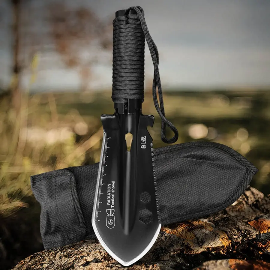 Mini radiation shovel, multifunctional shovel, gardening shovel with nylon bag, EDC tool, serrated shovel, suitable for gardening excavation, outdoor planting, car spare tool