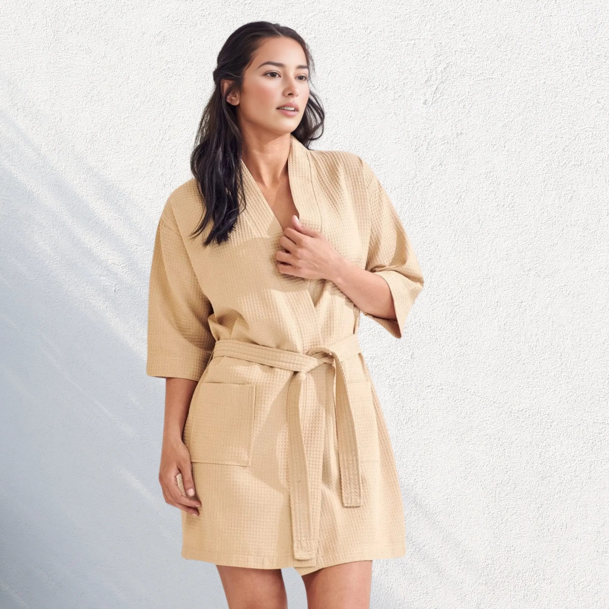 Waffle Weave Short Robe - Cozy Spa Cotton Kimono for Women, Bridesmaids, Bridal Gifts women s Natural Cotton Waffle Weave Bathrobe