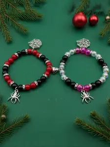 Halloween Couple Bracelets - Fashionable Bracelet Red & Black Beaded Set with Spider Charm - Gothic Matching Love Gift for Him & Her Beads Bracelets