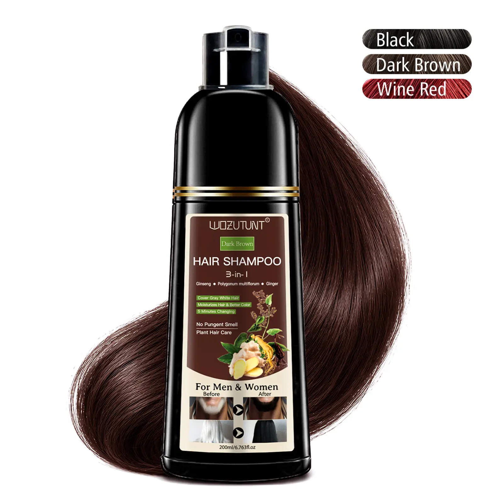 200ml 3-in-1 Hair Dye Shampoo Herbal Formula with Ginseng Covers Gray Hair Natural Plant Haircare for Salon-Quality Conditioner Radiant Cleansing