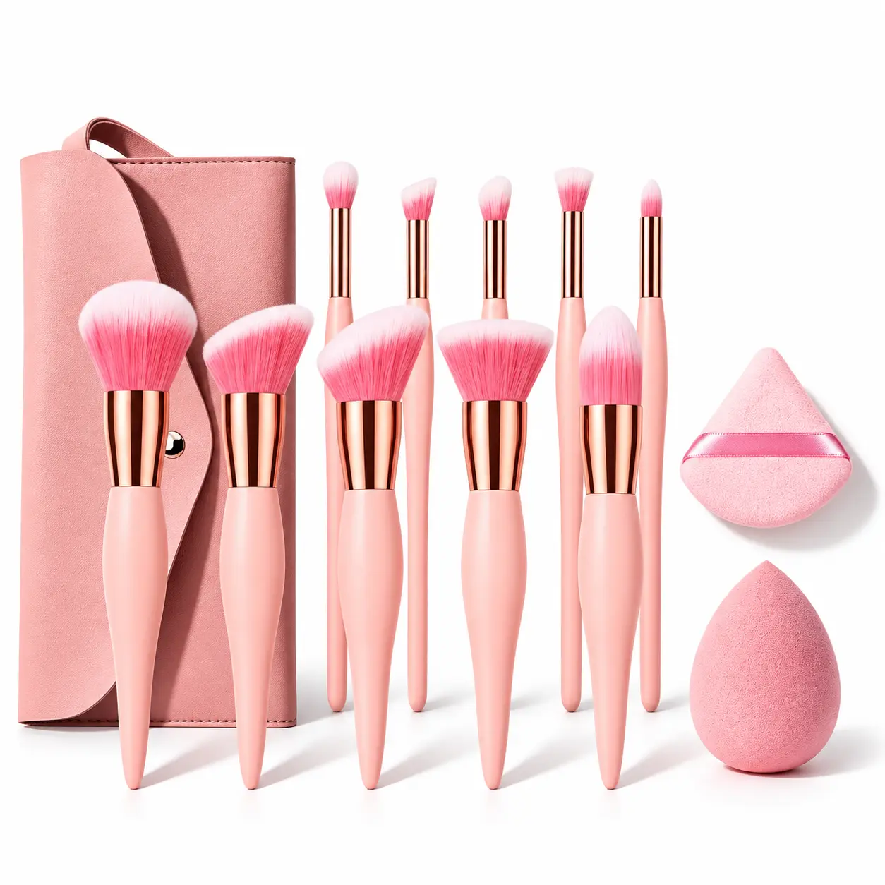 10-Piece Pink Makeup Brush Set - Soft Bristles for Smooth Powder Pickup, Complete for Face/Eyes Makeup Application