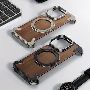 High quality walnut for iPhone 16 15 14 13 and 12 Pro Plus and Pro Max with frameless metal 360 ° rotating magnetic bracket. Frameless magnetic design, wear resistance, anti-drop, anti-fingerprint and other functions, suitable for both men and women
