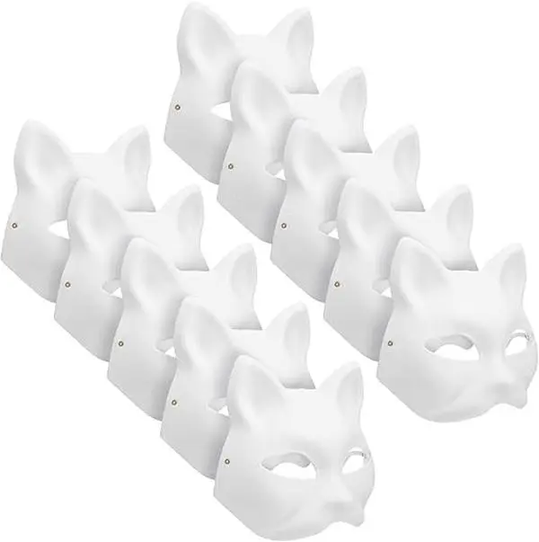 Therian Mask Cat Fox White Animal Mask Base Blank Halloween Costume for Kids Adults Masquerade for Holiday Party 10 Pack