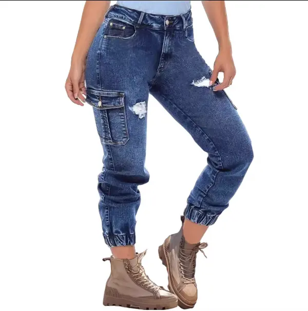 Women's Casual Denim Cargo Joggers, High Waisted Distressed Cotton Jeans with Pockets for Everyday Streetwear, Comfortable, Crop, Basic, Fit, Machine Wash, Bottoms, Cargo Pants Women, Denim Pants