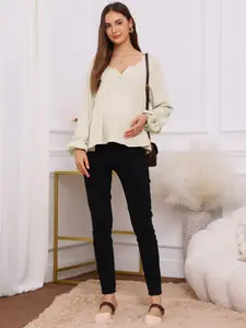 INSPIRE CHIC Women's Babydoll Maternity Tops Boho Lantern Sleeve Flowy High Low Pleated Long Sleeve Pregnancy Blouse