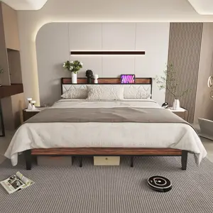 Bed Frame With Underbed Storage, Upholstered Headboard Iron Bed With Storage, With Headboard, Built-In Charging Port, No Tools Required For Assembly, Full Size