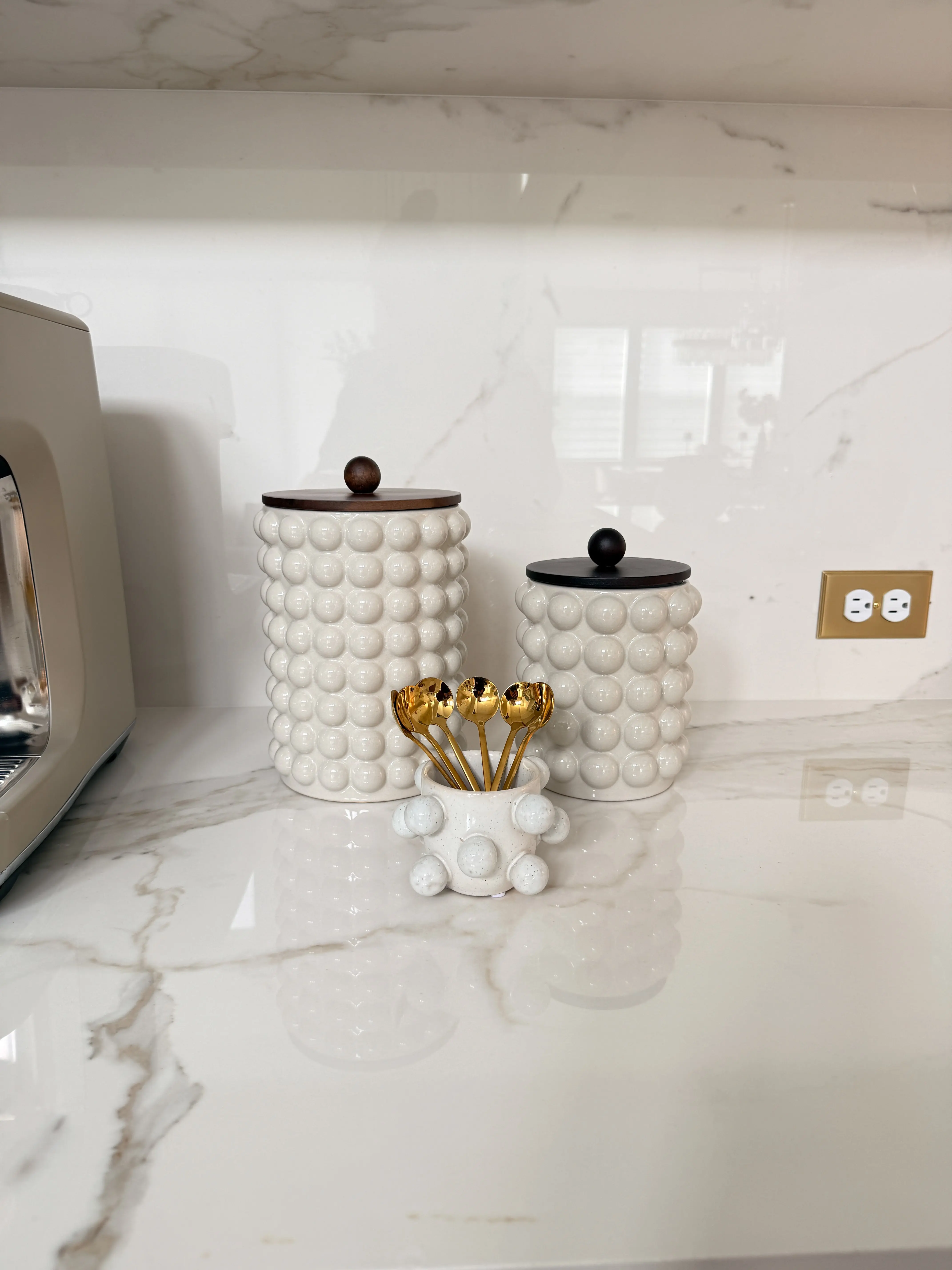 White Stoneware Spoon Holder With Balls