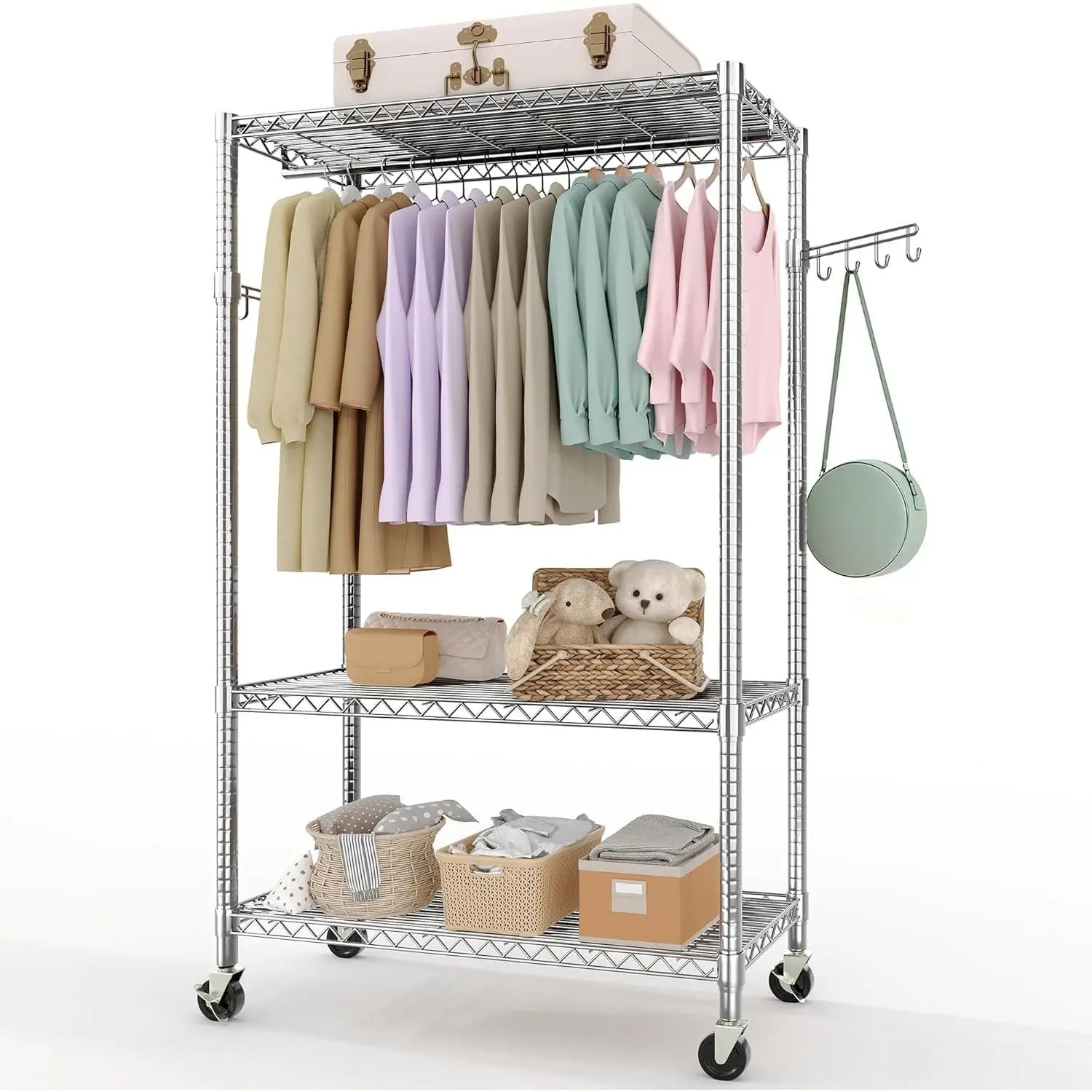 Garvee 3 Tier Clothes Rack with Wheels, Adjustable Shelves, and 2 Hanging Rods; Heavy Duty Freestanding Wardrobe Organizer in Silver (75.6" H) and Black (79.6" H); Dimensions: 45.3" W x 15.8" D