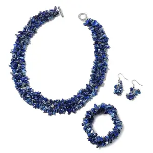 Gemstone Chips Necklace, Earrings & Bracelet Set - Cluster Stainless Steel Jewelry for Women - Boho Beach Healing Crystal Jewelry - Necklace Length 18" Stretchable Bracelet Christmas Gifts