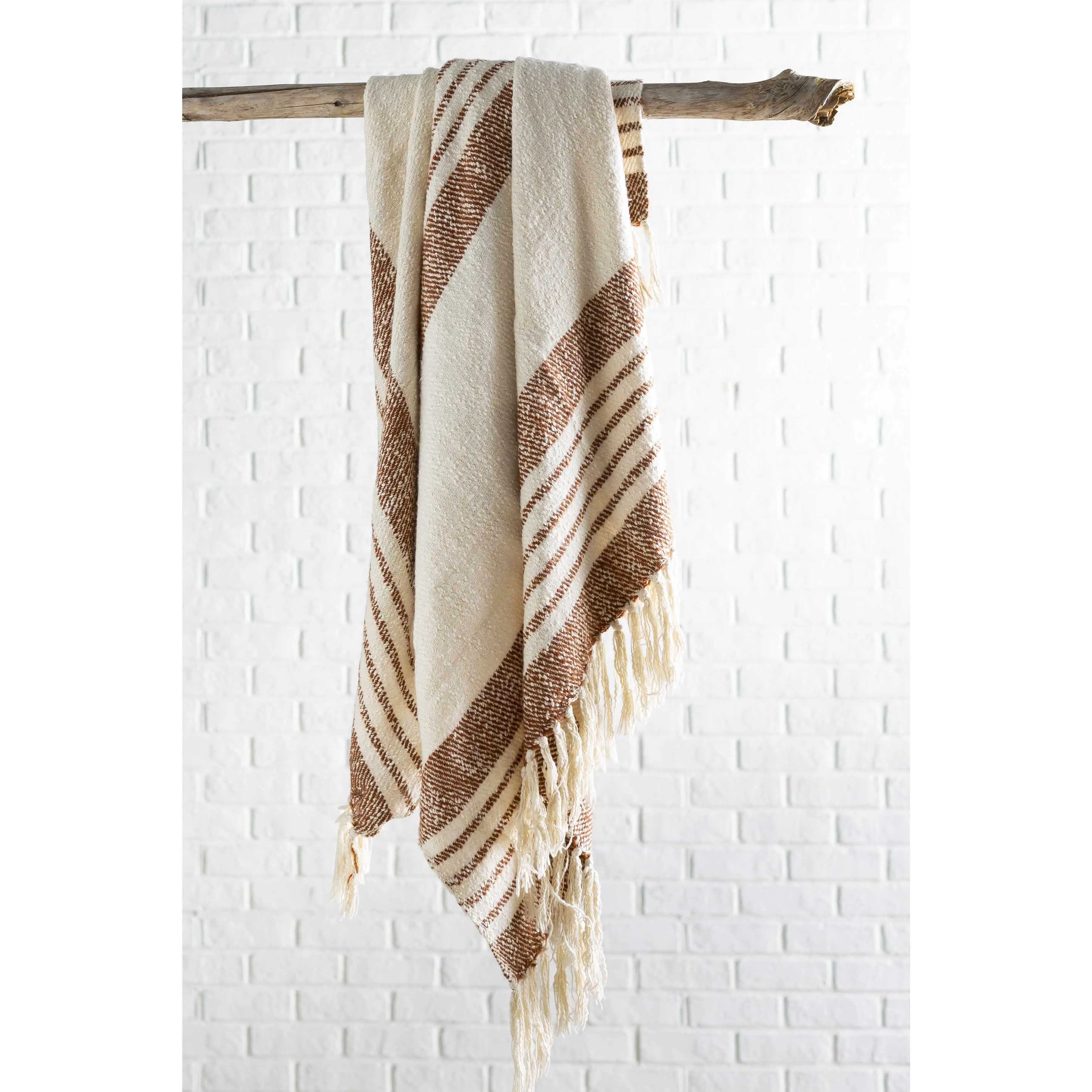Cream and Brown Striped Hand-Woven Throw Blanket - Cozy Chic, Soft Comfy Blanket for Cozy Setup, Neutral-Tone Woven Texture Home Accent, Hand Wash Only, Cozy Chic Blanket, Room Decor