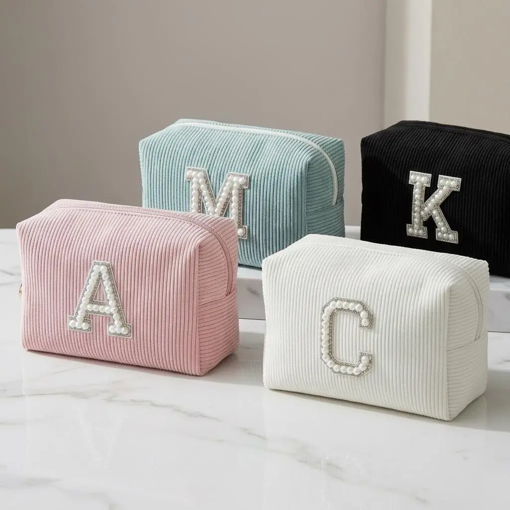 Personalized Pearl Corduroy Makeup Bag Custom Name Cosmetic Bag Bridesmaid Gift Travel Toiletry Bag Vinyl Monogram Wedding Gift Birthday